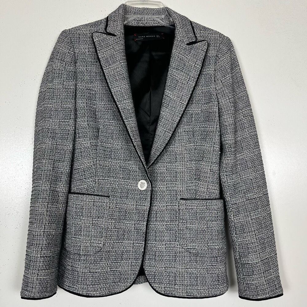 ZARA Woman Schoolboy Blazer Medium Preppy Black White Check Plaid Cord Trim